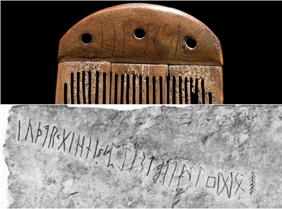 The runic letters on the Vimose comb (top) from Denmark may be from year 160, and is considered one of the oldest known runes. The Kylver stone from Gotland (bottom) is the oldest known example of the entire runic alphabet. The first letters are f-u-th-a-r-k.
