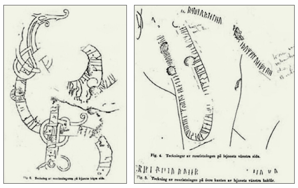 The Swedish researcher Erik Brate's rendering in 1920 of the Swedish runes on the lion's left side.
