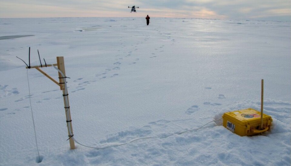 Deployment of a snow and ice mass balance array (SIMBA) on the sea ice near the North Pole during the CAATEX cruise in August 2019. Sensors on the white cable measure the temperature every 2cm in the air, ice and water as long as the ice floe exists. In this case it was drifting with the ice floe for one year all the way down to Jan Mayen. Additionally in the background, a scientist navigating a drone that is mapping snow depth distribution on the sea ice.