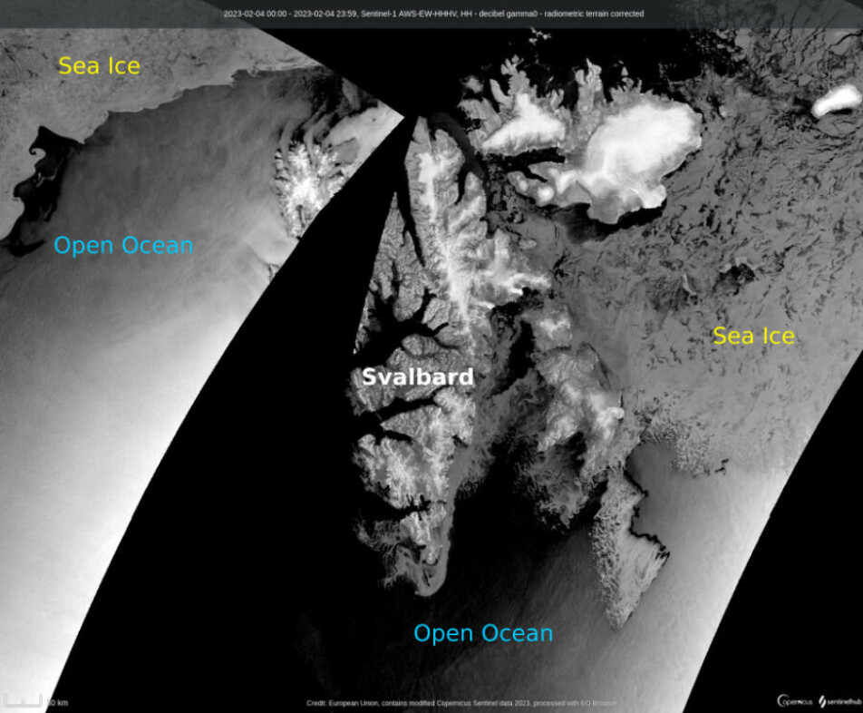 Annotated European Sentinel-1 satellite synthetic aperture radar (SAR) imagery showing drift ice to the east and to the north west of the Svalbard archipelago. SAR is a way of creating an image using radio waves which are able to penetrate through clouds and show us the surface of the Earth regardless of weather conditions.