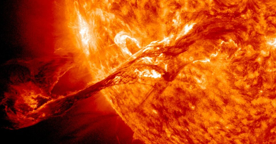 An example of a giant solar storm, imaged by a solar observatory in 2012. Solar storms can help form auroras on Earth. This image is an illustration.
