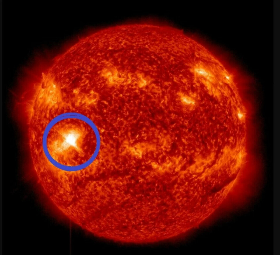 A powerful solar storm was measured on February 11, 2023. The flash from the explosion is marked with a blue ring. This storm struck parts of the southern hemisphere, and the radiation was strong enough to cause problems with radio signals in South America.