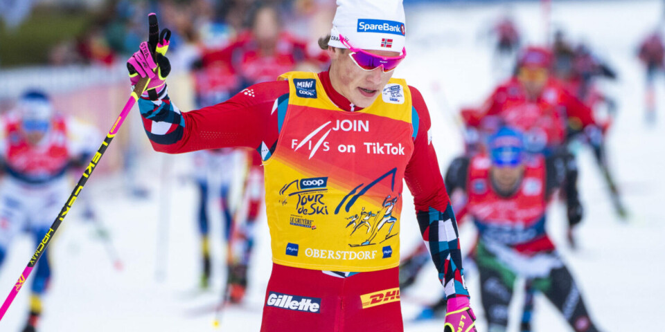 Norwegian skier Johannes Høsflot Klæbo crossing the line to win the men’s 20-kilometre pursuit race at Oberstdorf.
