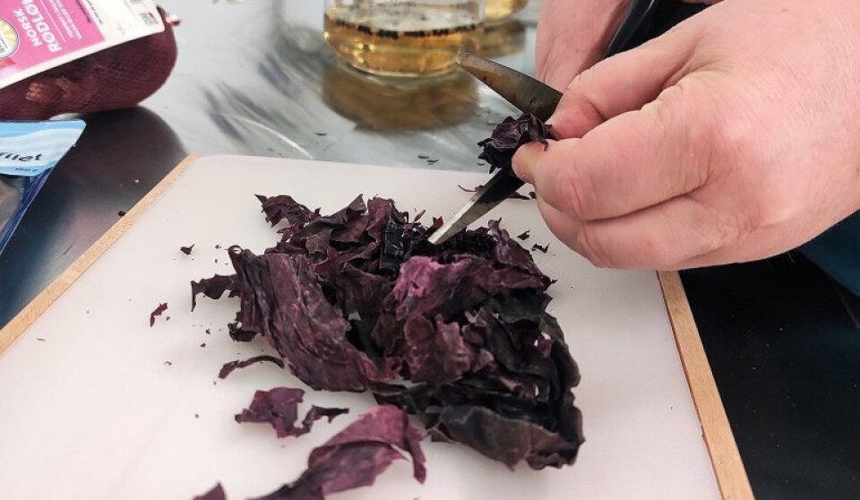 Cut or tear dried dulse or bladderwrack into small pieces and transfer the required amount to the pickled herring solution.