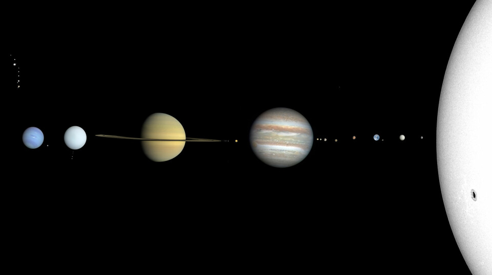 All the planets in the solar system, placed together in relation to each other. In this picture everything is still, but in reality everything is moving – all the time and at high speeds.