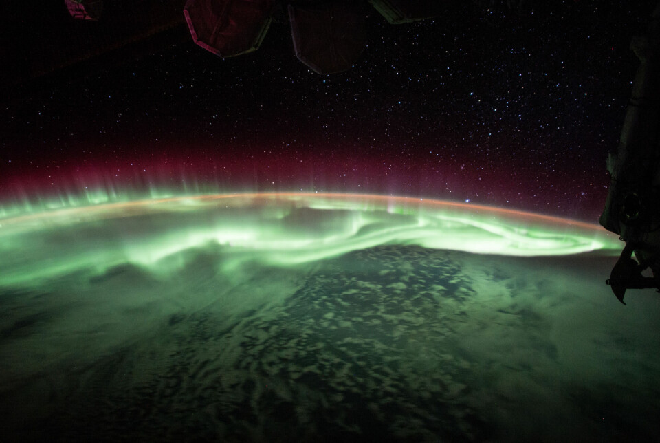 Bilde av grønt nordlys, sett fra Den internasjonale romstasjonen.