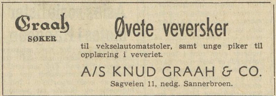 An ad in the newspaper Arbeiderbladet (The Labour Magazine) from the Knud Graah factory seeking trained weavers in 1952.