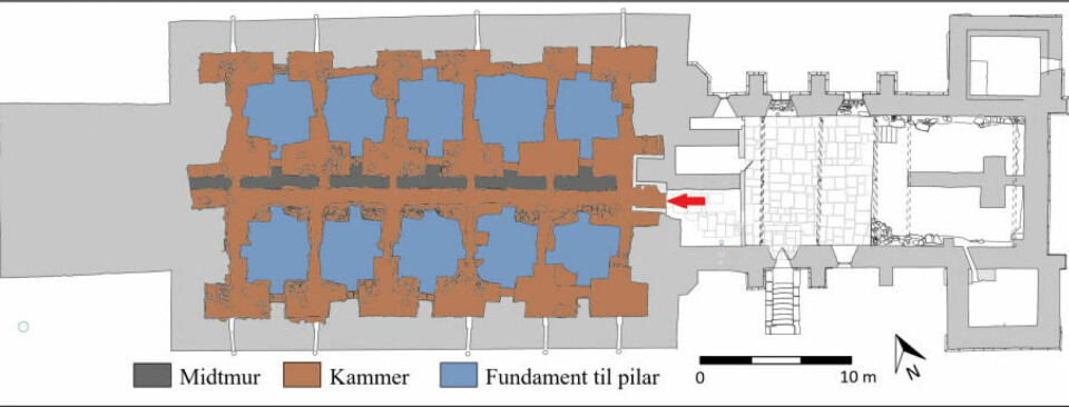 The red arrow shows where Perry Rolfsen crawled into the cellar below the floor of the cathedral. The brown colour indicates open chambers he crawled through in pitch darkness.