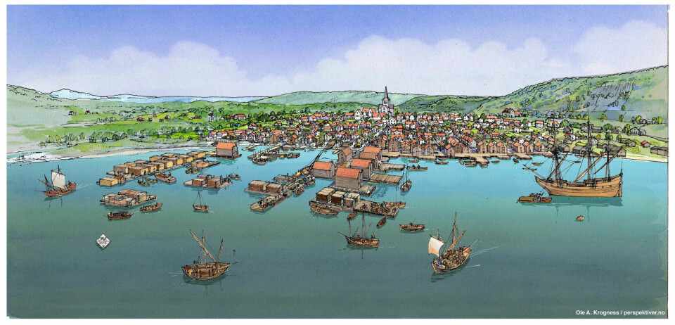 The architect Ole A. Krogness has illustrated medieval Oslo as seen from the water, as the city may have looked before the great city fire in 1624. The drawings are based on archaeological finds from the harbour up to 2015.
