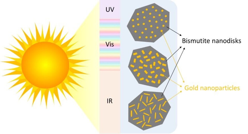 An illustration showing hybrid nanoparticles of bismutite nanodisks with gold nanoparticles of different aspect ratios, such as spheres, rods, and etched rods being synthesised via a facile sonochemical method.