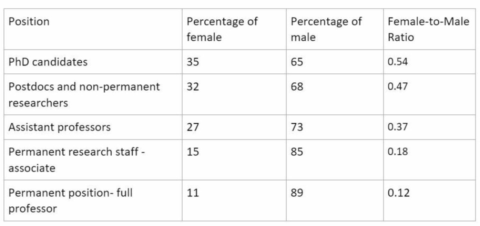 The above table shows the ratio of female to male at STEM (FTE), Radboud University in the Netherlands in 2014. Starting with 35 per cent female to 65 per cent male at PhD-level, the number decreases to 11 per cent female to 89 per cent male at the highest level of permanent position.