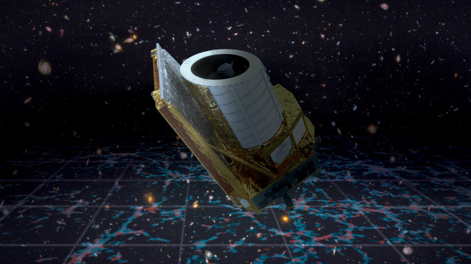The illustration shows the Euclid telescope. In the background we see a realistic deep image of the universe, where the bright spots are galaxies. At the bottom is an illustration of the cosmic web, threads of galaxies, gas and invisible dark matter.