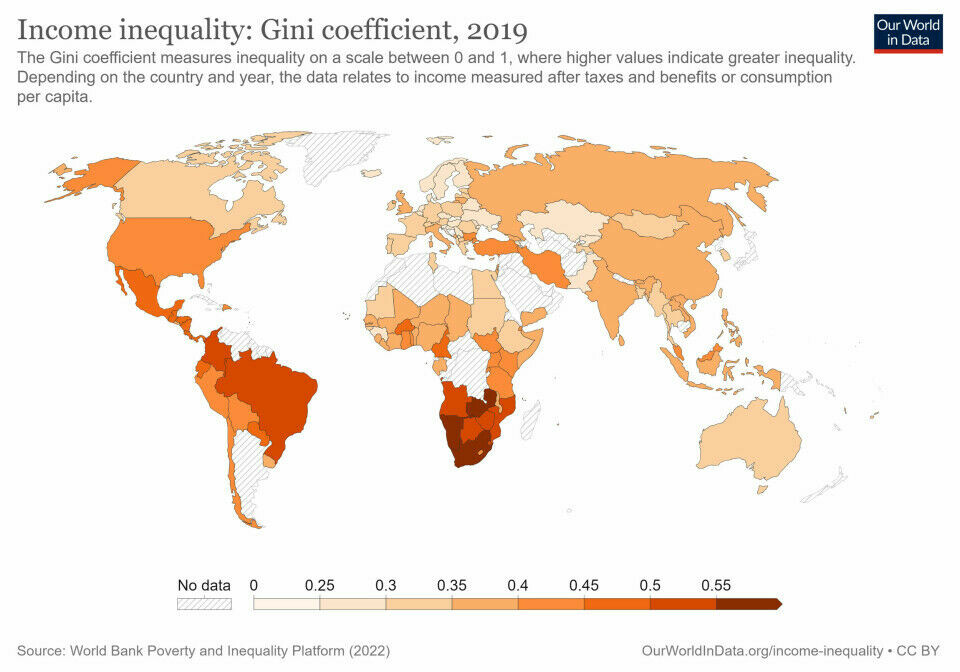 The map shows inequality in the world based on its Gini value. Light colours represent low inequality and dark colours represent high inequality.