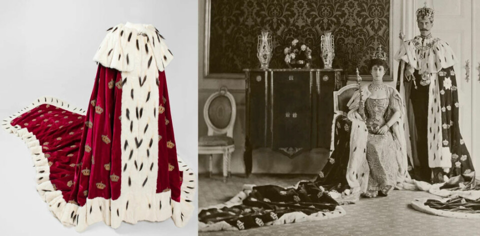 The queen's coronation robe was last worn by Maud during the coronation in 1906. The robeis nearly 4 metres long, made of velvet and fur from stoats. The black spots in the white fur are the ermine tails.