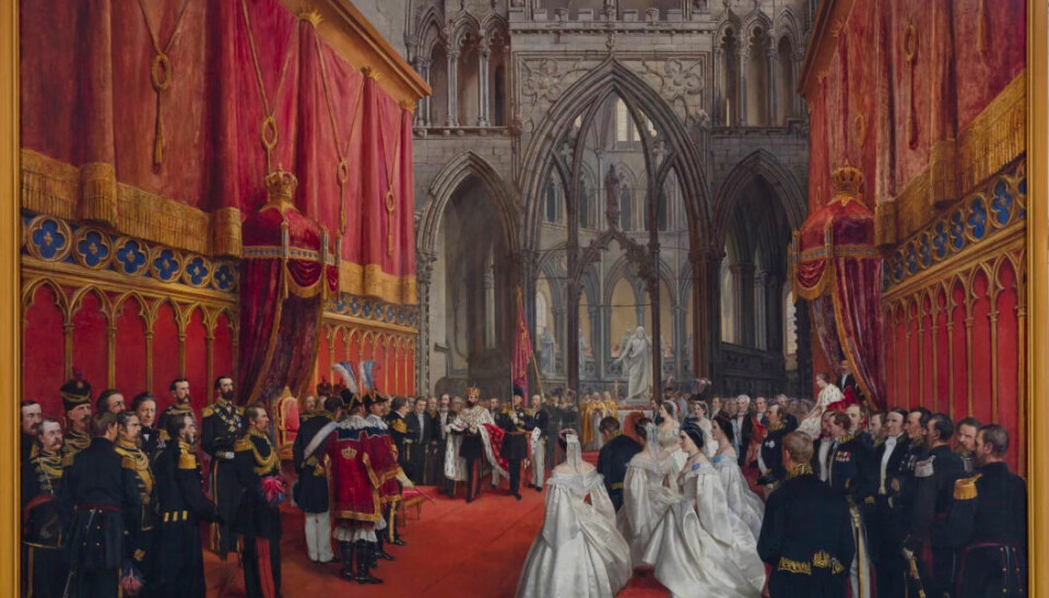 The coronation of Charles IV and Louise in 1860 in Nidaros Cathedral. He has already been crowned, she is sitting in the coronation robe to the right in the painting, and has not been crowned yet.