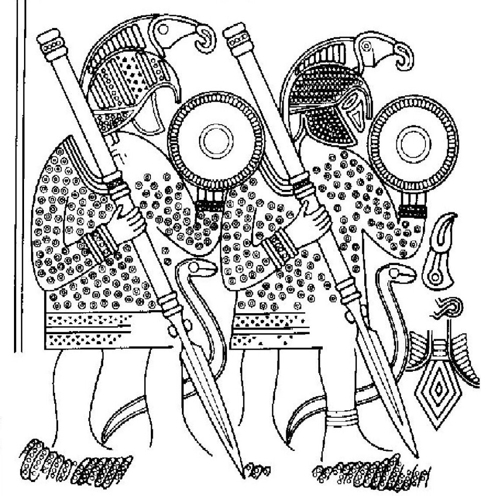 Attached to the helmet in one of the boat graves was a metal plate etched with an illustration of warriors with birds of prey on their helmets.