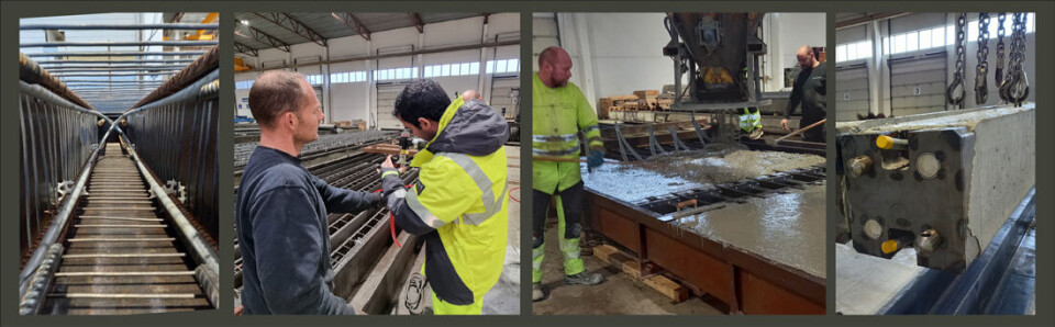 Concrete piles being cast at Sandnes & Jærbetong AS. The piles are cast in horizontal formwork and reinforced using an internal ‘steel corset’. This strengthens the load-bearing capacity and provides protection against shocks, vibrations, and other impacts that often occur when piles are driven into the ground.