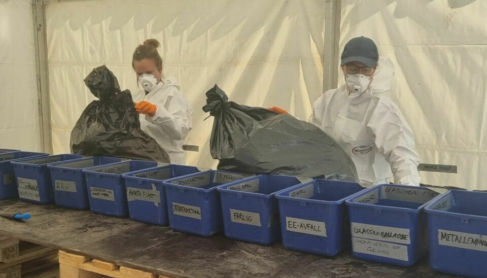 Elise Narum Amland (at left) and Hildegunn Bull Iversen examine the residual waste from Oslo University Hospital.