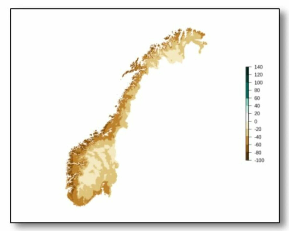This map shows what percentage of the snow (1971-2000) will change in the years 2030-2060, with what is called a medium emissions scenario of greenhouse gases. Most snow disappears along the coast. The least amount of snow will disappear in the high mountains and on Finnmarksvidda.
