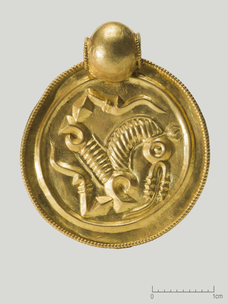 A close-up of one of the bracteates from Rennesøy in Stavanger. This one depicts a horse with its tongue hanging out of its mouth, according to the archaeologists. It is around two centimeters wide.