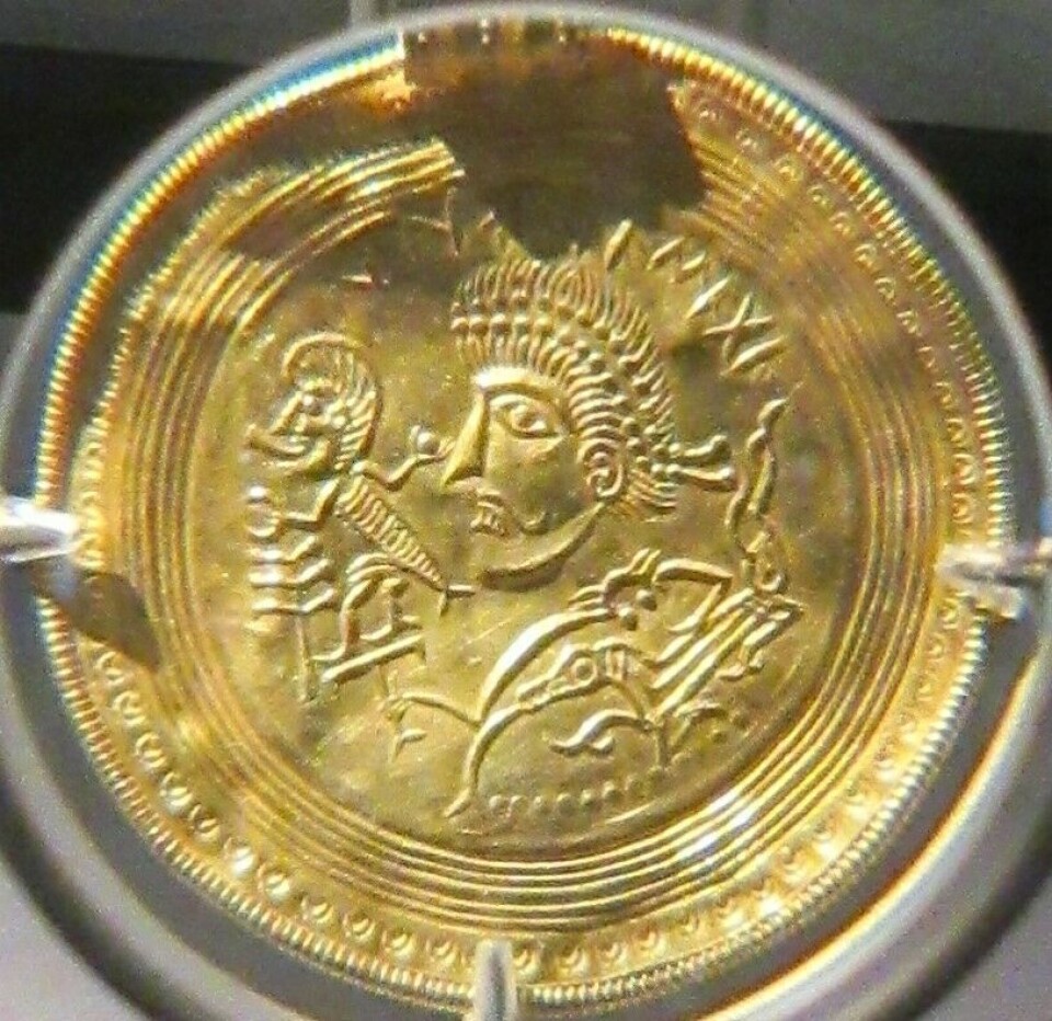 One of the bracteates found in Denmark in the Vindelev treasure. This bracteate depics the Norse god Odin.