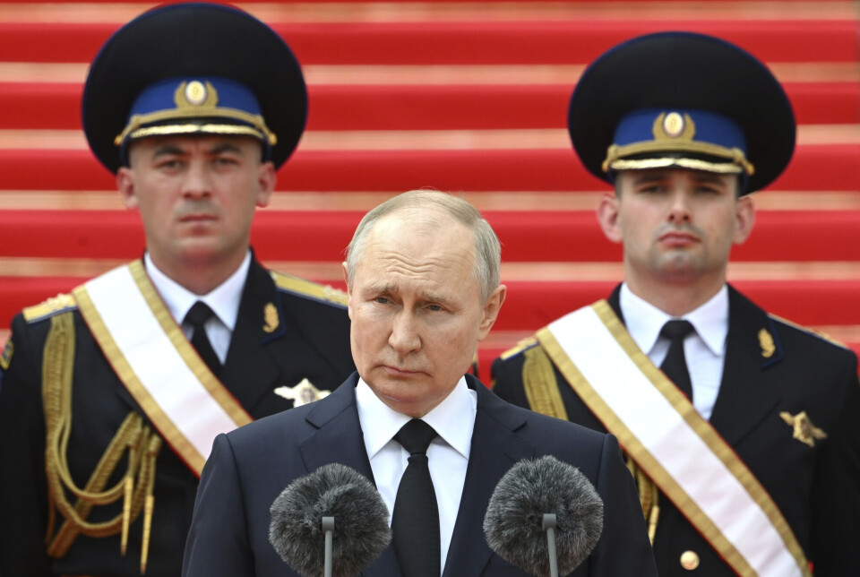Vladimir Putin addressing the Russian forces that maintained order during the mutiny at the Kremlin on 27 June 2023. Vladimir Putin henvendte seg til russiske styrker som opprettholdt orden under mytteriet, i Kreml i Moskva, 27. juni 2023.