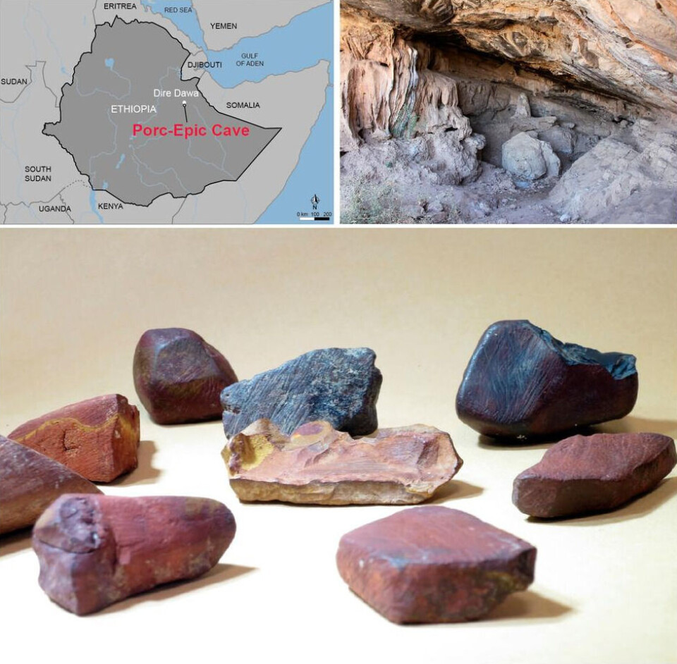 Top left: Location of the site. Top right: The entrance of the Porc-Epic Cave. Bottom: Ochre pieces found in the archaeological layers and analysed in the study. Top left: map of the location. Top right: photo of a cave entrance. Bottom: a collection of ochre pieces.