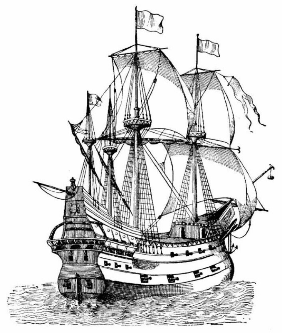 Could the ship with the cannon have looked like this? This is an illustration of a galleon, which is a three- or four-masted sailing ship with square sails. The illustration is from 1890 and was published in The Story of the Barbary Corsairs by the American publisher G.P. Putnam's Sons.