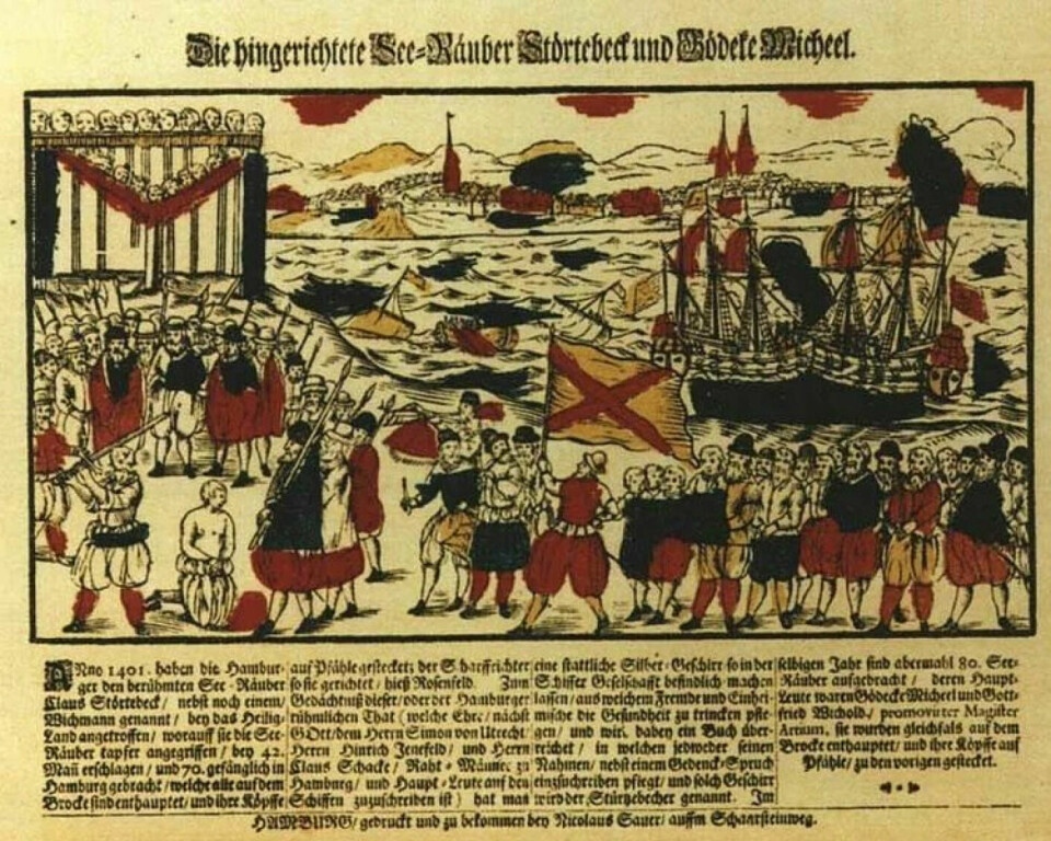 The most famous captain among the Victual Brothers, Störtebeker, was captured and executed in 1401. This illustration is from 1701 and depicts the execution. The flyer was printed by Nicolaus Sauer and is located in the State Archive in Hamburg.