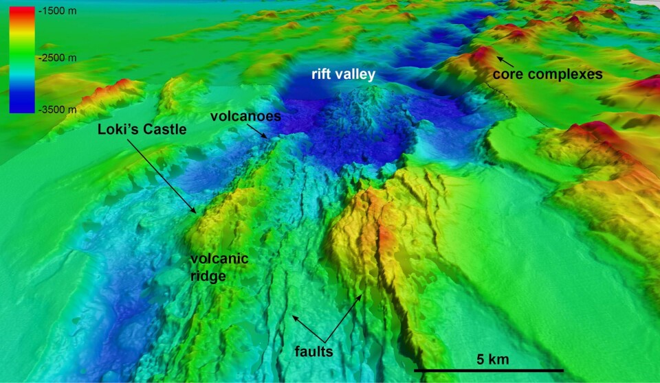 This image shows a dramatic landscape with a spreading valley where new seabed is created. The highest peaks in this image are 1,500 metres below sea level. The chimneys in Loki’s Castle are marked on the image.