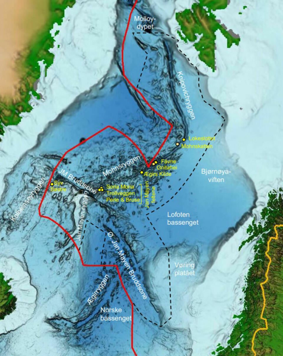 I punti gialli mostrano dove si trovano una selezione di campi idrotermali al largo della costa norvegese.