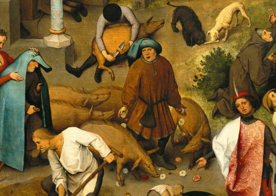 The man in the middle ‘casts pearls before swine’ (cast roses before swine). In the background, someone sticks a knife into the belly of a pig, to illustrate the saying ‘the pig is stabbed through the belly’, which means what is done, cannot be undone.