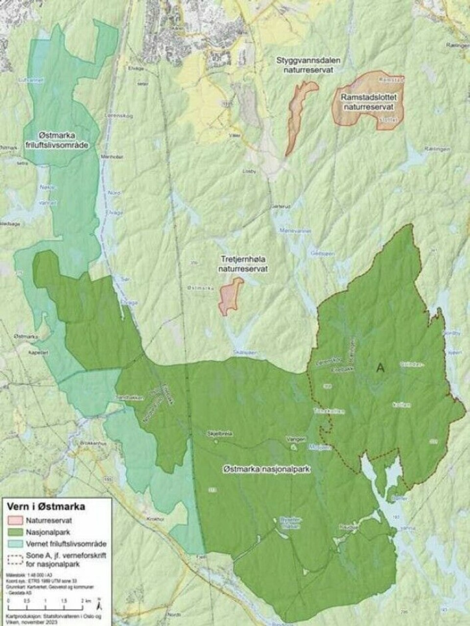 In the heart of the new Østmarka National Park (dark green) lies the popular Vangen ski lodge. The light green area is the new outdoor recreation area, where protection will not be as strict. Oppsal and Bøler in Oslo can be seen in the upper left. At the lower right is Børtervanna in Enebakk. In the southwest, the area is bordered by Enebakkveien (national highway 155). At the top of the map is Lørenskog.