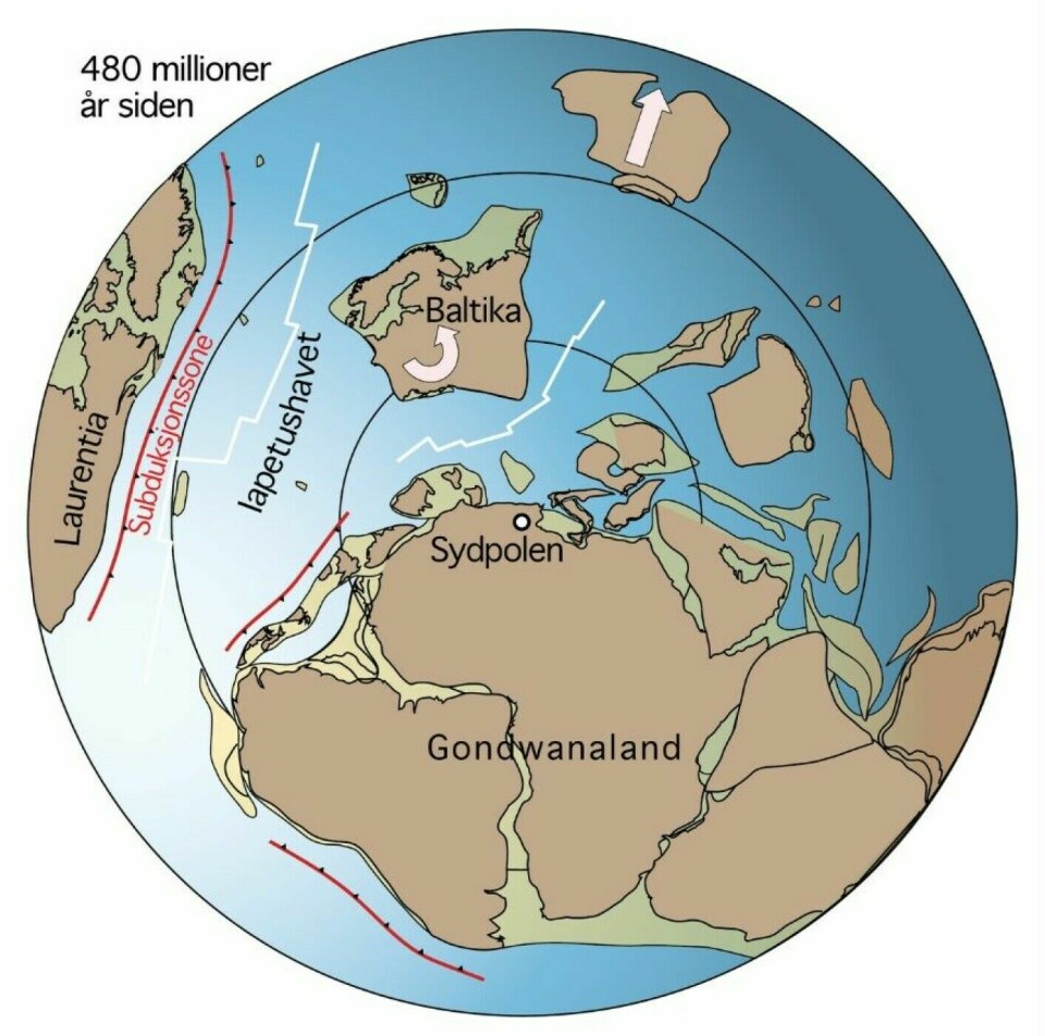 The Iapetus Ocean between the plate with Norway and parts of Europe (Baltica) and Laurentia (North America) 480 million years ago.