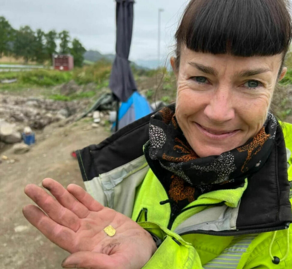 Archaeologist and project leader Kathrine Stene is showcasing one of the five new gold foil figures discovered at the temple site in 2023.
