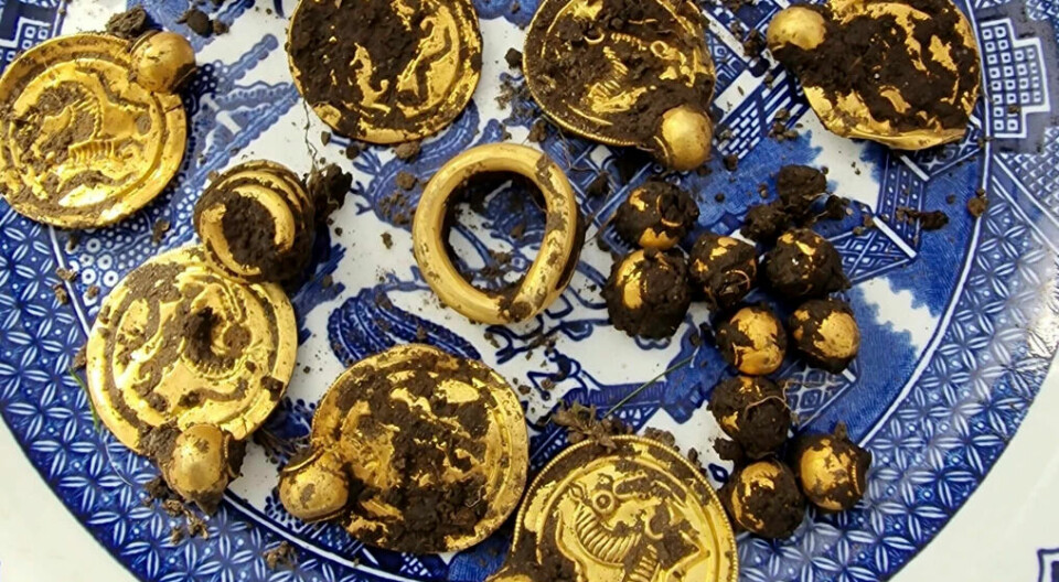 The gold treasure when it had just been excavated from the ground.