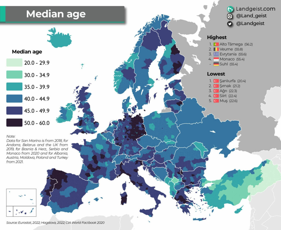 It is particularly in the countryside in Europe that people have aged. In the interior of Portugal, Spain, Greece, France, and Finland, the population in many places now has a median age of well over 50 years. The map can be enlarged with the arrow at the top right.