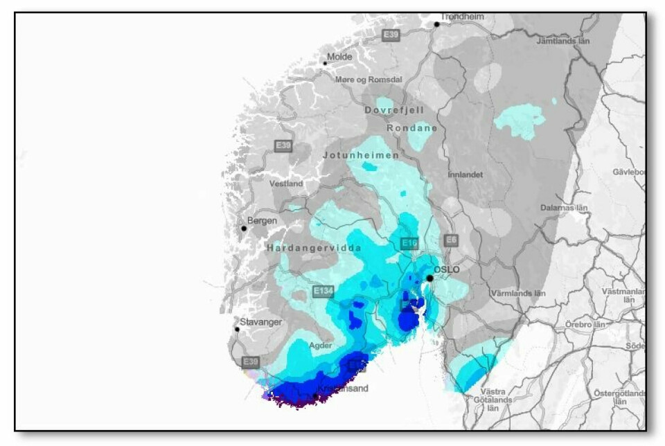 A substantial amount of snow, between 40-50 cm, indicated in dark blue, blanketed a large part of Southern Norway on New Year's Eve.