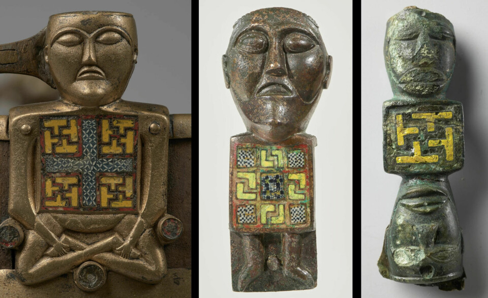 The three figures were crafted by monks in the British Isles. They were then transported to Norway and ended up in graves. The geometric pattern is one of the clues to their origin. On the left: the figure from the Buddha bucket, in the middle: the Myklebust man, on the right: a figure found in Lindesnes in 1898.