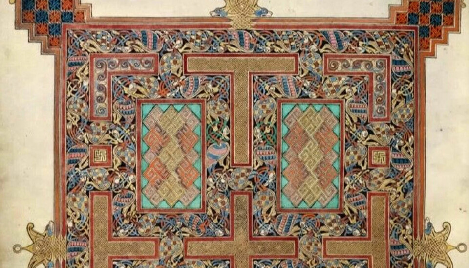 Excerpt from a page in the Lindisfarne Gospels. They were written and decorated in the 8th century, around the same time as the bucket was made.