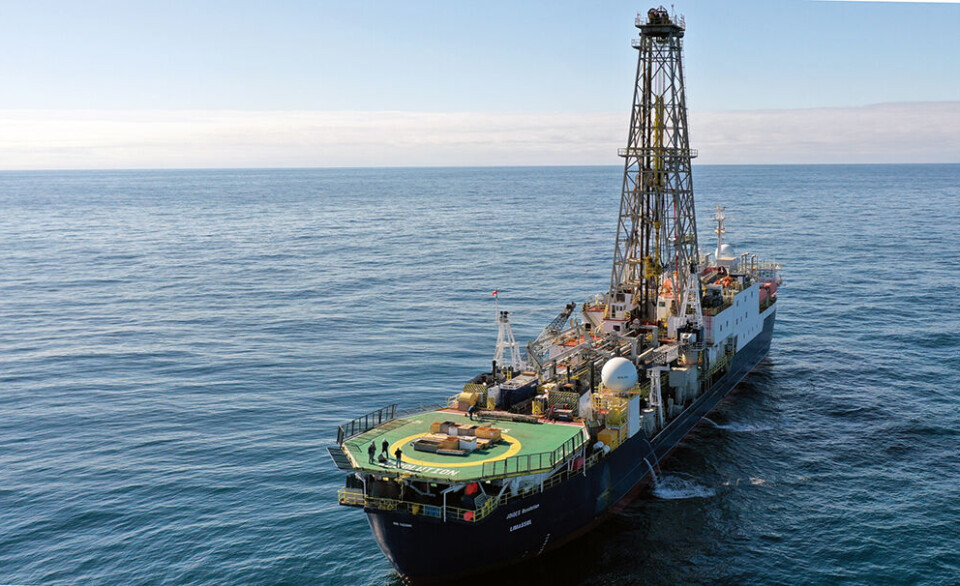 Research vessel JOIDES Resolution in the Norwegian Sea during the scientific expedition IODP 396 in 2021.