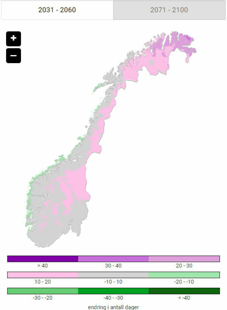 This map shows calculated changes in the number of days with temperatures above zero degrees C from 2031-2060, compared to 1971-2000. The calculations are based on a scenario with medium greenhouse gas emissions. The areas with pink and purple will be subject to more swings between above and below freezing temperatures, while the green areas will have fewer swings.
