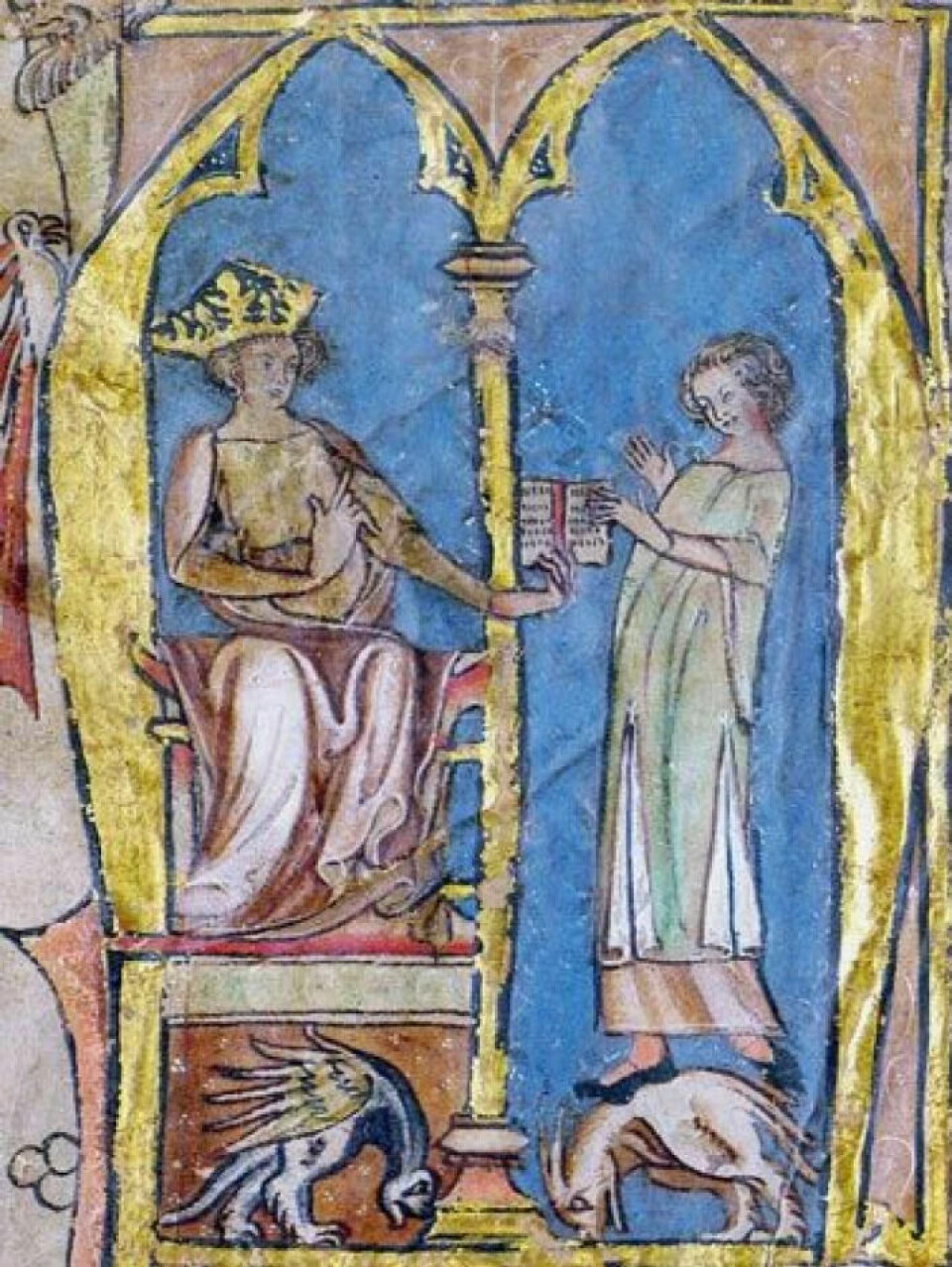 The illustration shows Magnus Lagabøte handing over the finished Code of the Realm to a judge.