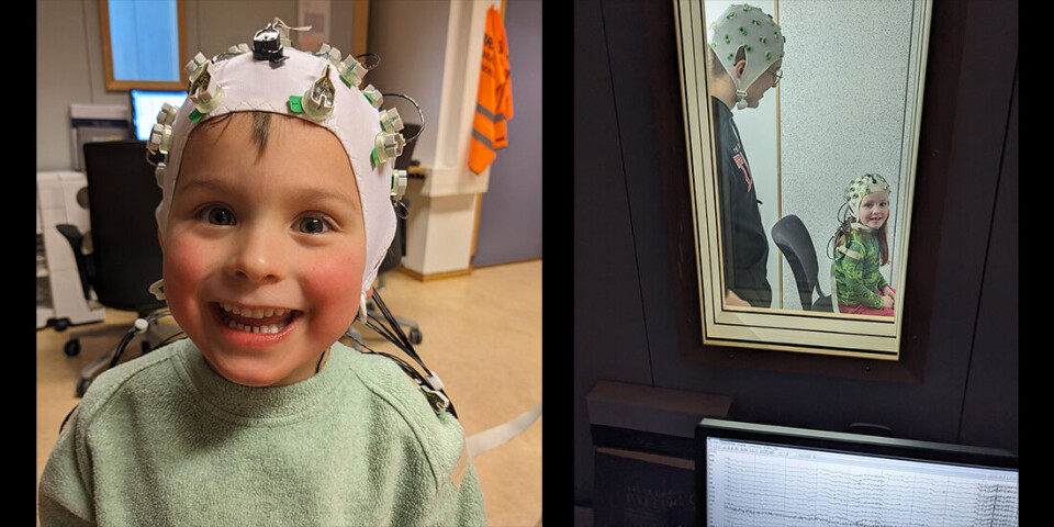 A cap with electrodes is used to document brain activity during different language tests. The image is from a research project that tests synchronisation activity in pre-school children.