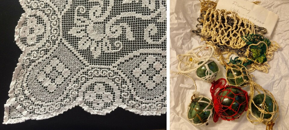 To the left, a filet lace tablecloth. To the right, filet lace samples from the collection at OsloMet.