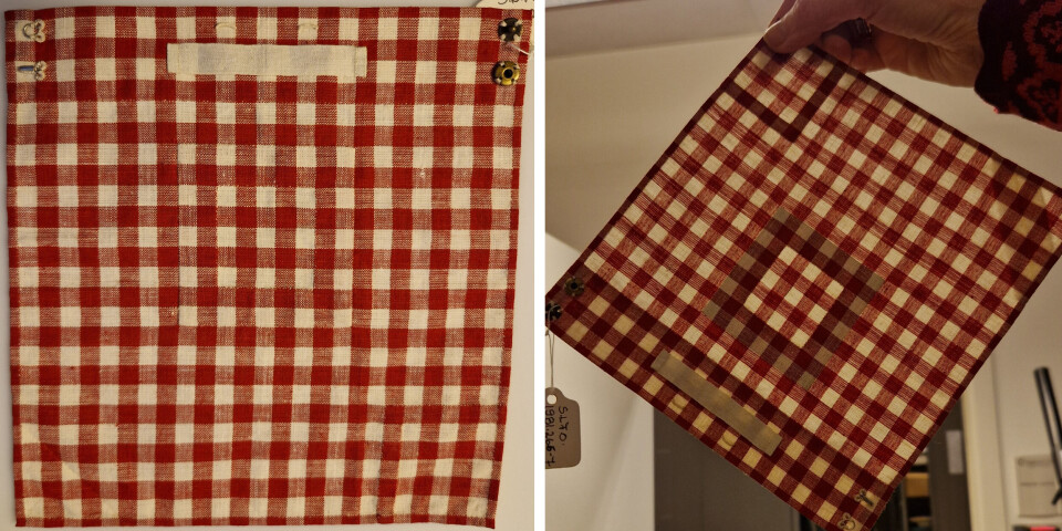 A student mastered cloth patching at Den kvindelige industriskole. The repair is hard to see until the fabric is held up to the light.