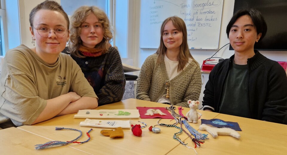 From left: Sina-Alida Van Veen-Skattebu, Sunniva Sæbø Skarpeteig, Jenny Mathea Nilsen, and Lay Mill Dones are in their first year of teacher education in design, art, and crafts at OsloMet. They learn various handicraft techniques, such as fulling, appliqué, macramé, and braiding. Sina-Alida is most interested in textiles, while the others prefer drawing, painting, photography, and metalwork.