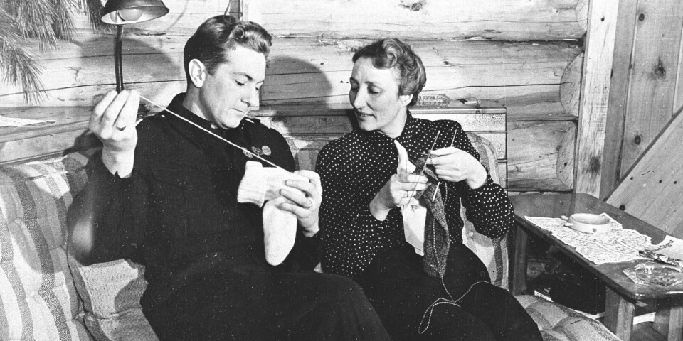 People stopped knitting and darning socks. But 15 years ago, we started again. Here, Crown Princess Märtha of Norway knits while watching how a soldier darns a hole in his sock. From Canada in 1944.
