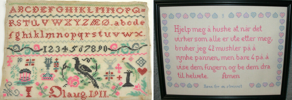 The tradition of creating samplers dates back to the 18th century, serving as a method for young women to practice various stitches and designs. The sampler to the left was embroidered in 1911. 15 years ago, guerrilla embroideries with humorous quotes emerged.