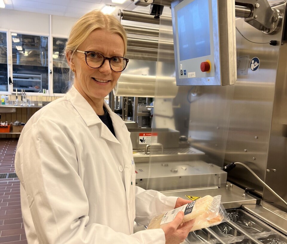 Researcher Anlaug Ådland Hansen in Nofima's packing hall where test packing of the products is done. Kvinnelig forsker i lab.